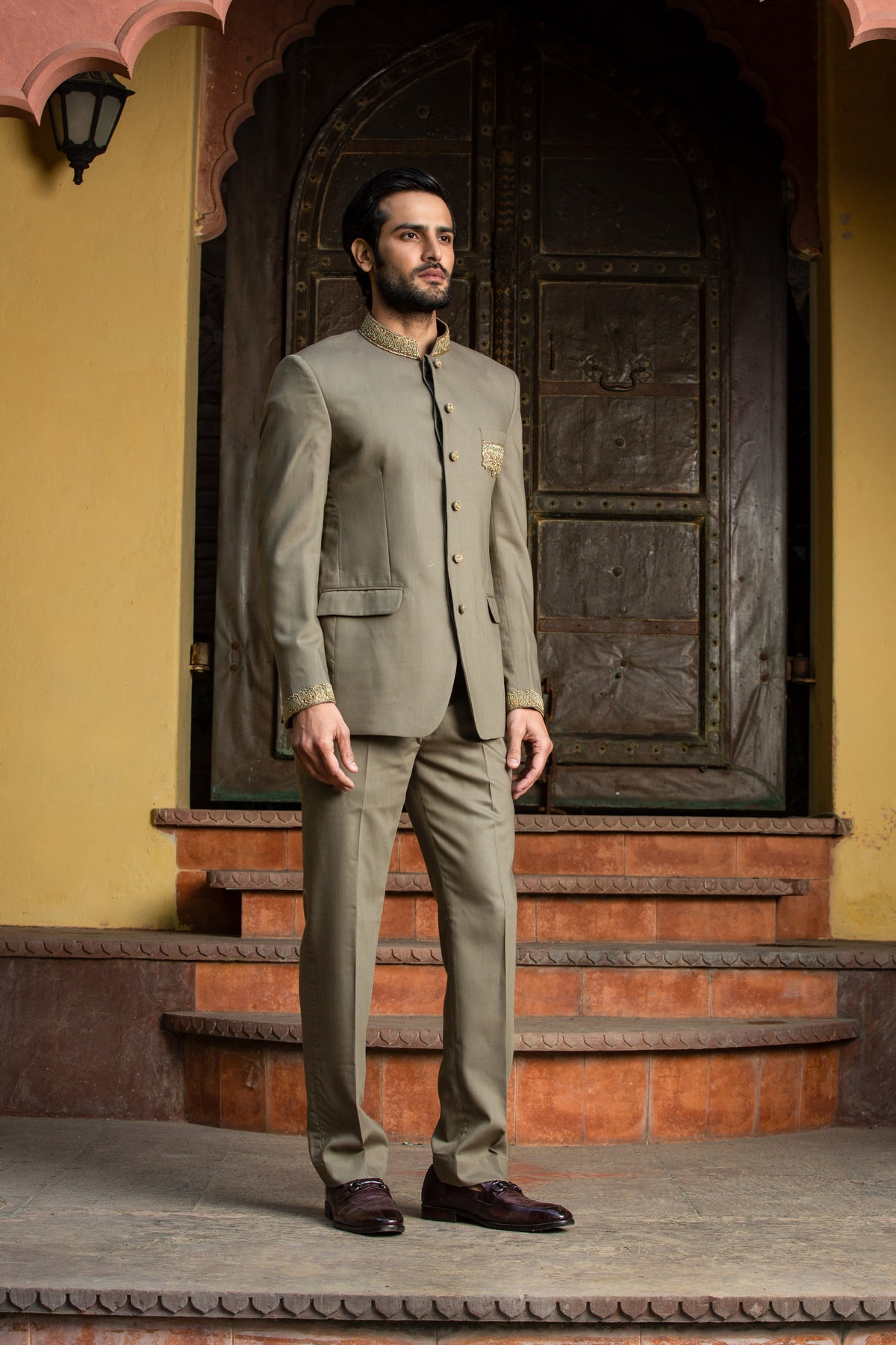 OLIVE GREEN JODHPURI SUIT ZARDOZI EMBROIDERED
