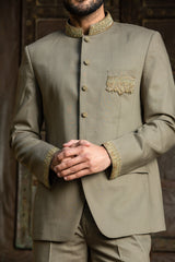 OLIVE GREEN JODHPURI SUIT ZARDOZI EMBROIDERED
