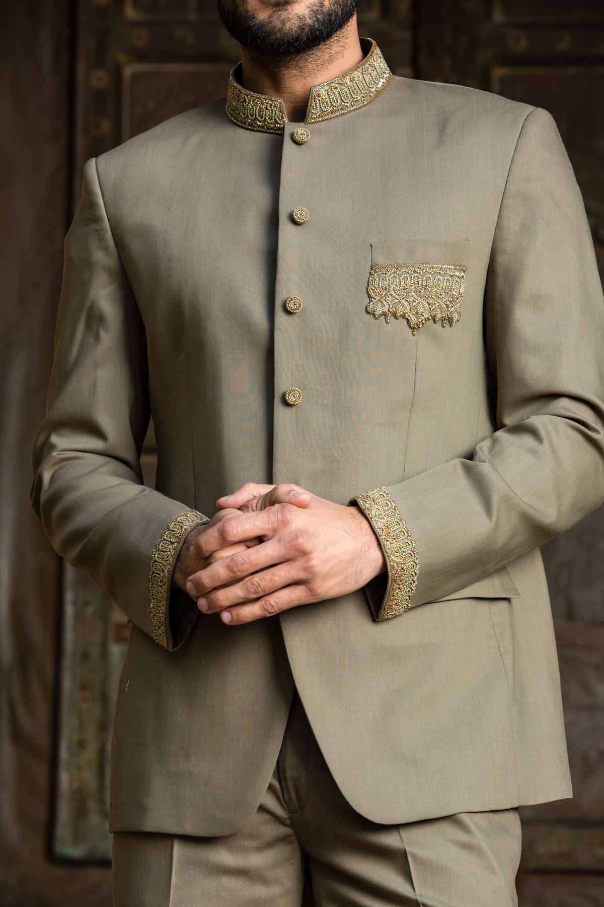 OLIVE GREEN JODHPURI SUIT ZARDOZI EMBROIDERED