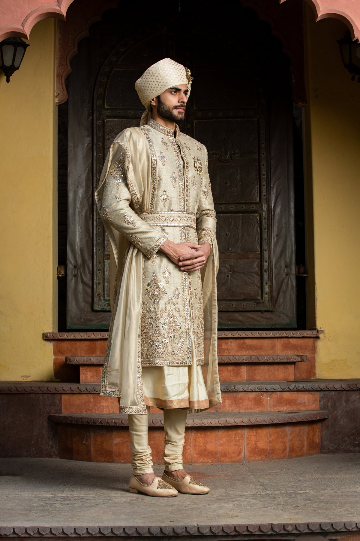 GOLD TWILL MATKA ACHKAN WITH BELT ZARDOZI EMBROIDERED WITH MONGA GATHERED KURTA AND CHURIDAR