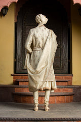 GOLD TWILL MATKA ACHKAN WITH BELT ZARDOZI EMBROIDERED WITH MONGA GATHERED KURTA AND CHURIDAR