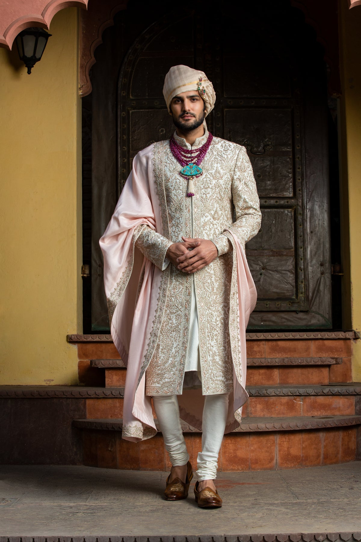 IVORY TAFETTA ACHKAN ALL OVER EMBROIDERED WITH MONGA KURTA AND CHURIDAR