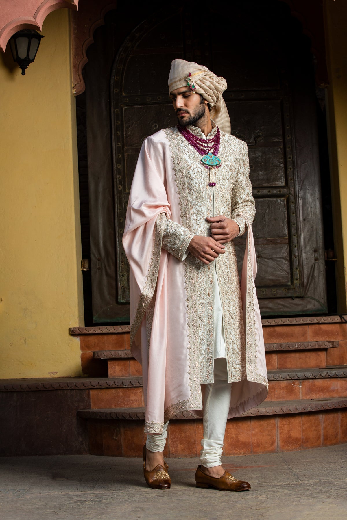 IVORY TAFETTA ACHKAN ALL OVER EMBROIDERED WITH MONGA KURTA AND CHURIDAR