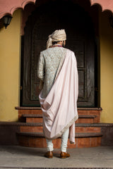 IVORY TAFETTA ACHKAN ALL OVER EMBROIDERED WITH MONGA KURTA AND CHURIDAR