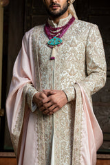 IVORY TAFETTA ACHKAN ALL OVER EMBROIDERED WITH MONGA KURTA AND CHURIDAR