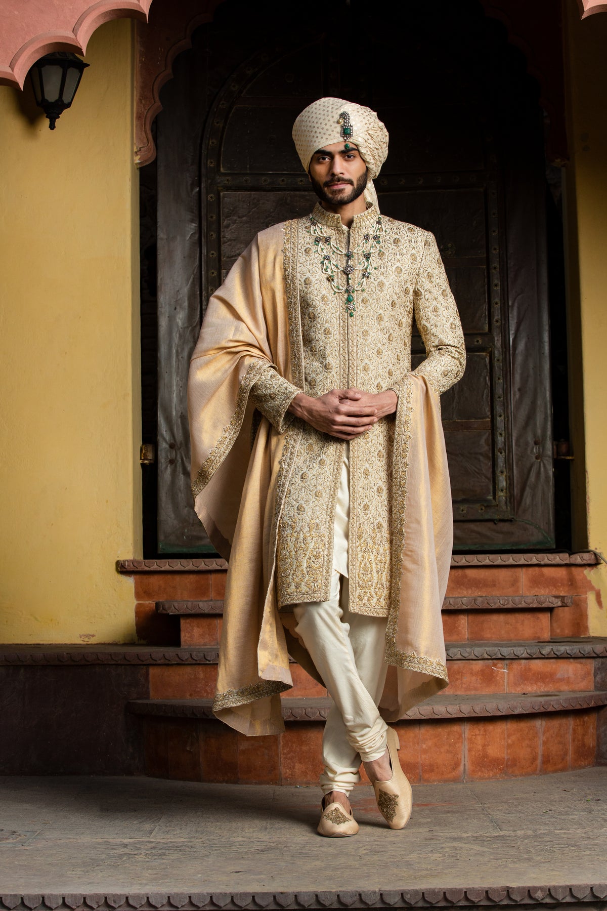 BEIGE ALL OVER EMBROIDERED ACHKAN WITH MONGA KURTA AND CHURIDAR