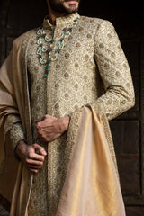 BEIGE ALL OVER EMBROIDERED ACHKAN WITH MONGA KURTA AND CHURIDAR