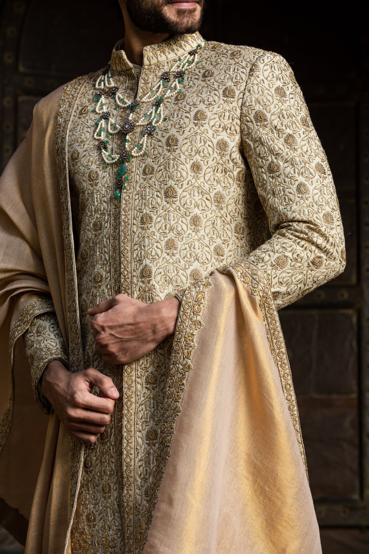 BEIGE ALL OVER EMBROIDERED ACHKAN WITH MONGA KURTA AND CHURIDAR