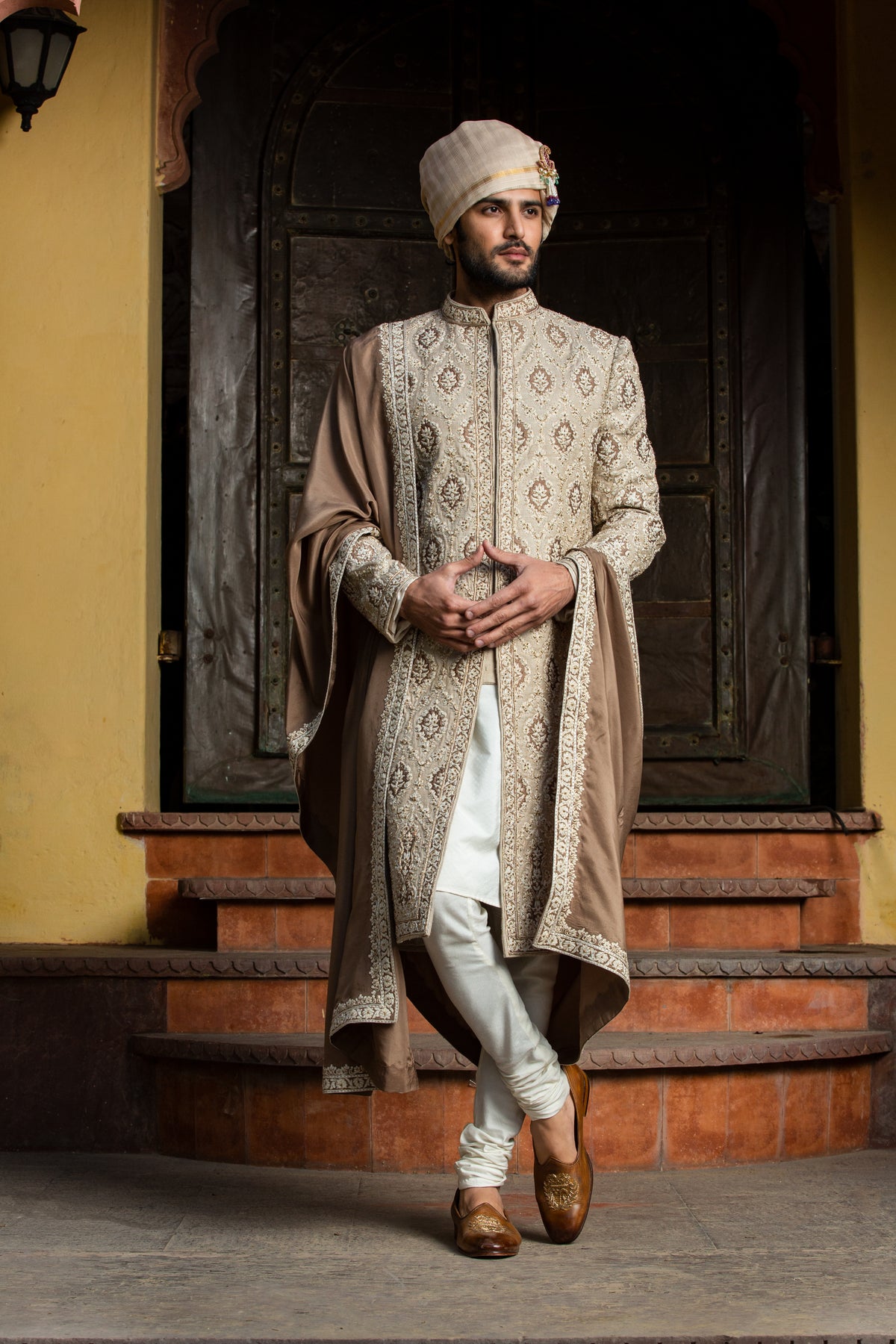 BEIGE BROWN RAW SILK PATCHWORK EMBROIDERED ACHKAN WITH MONGA KURTA AND CHURIDAR