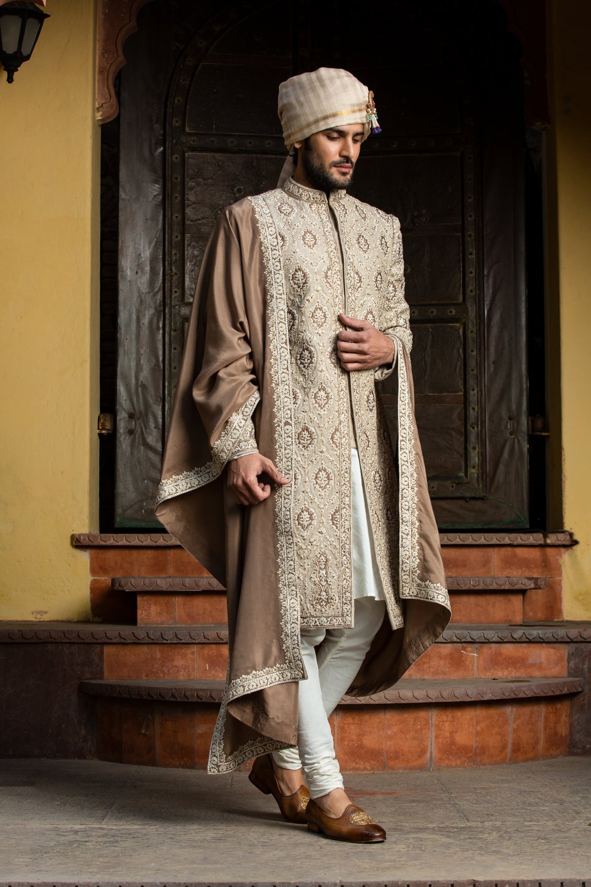 BEIGE BROWN RAW SILK PATCHWORK EMBROIDERED ACHKAN WITH MONGA KURTA AND CHURIDAR