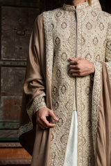 BEIGE BROWN RAW SILK PATCHWORK EMBROIDERED ACHKAN WITH MONGA KURTA AND CHURIDAR