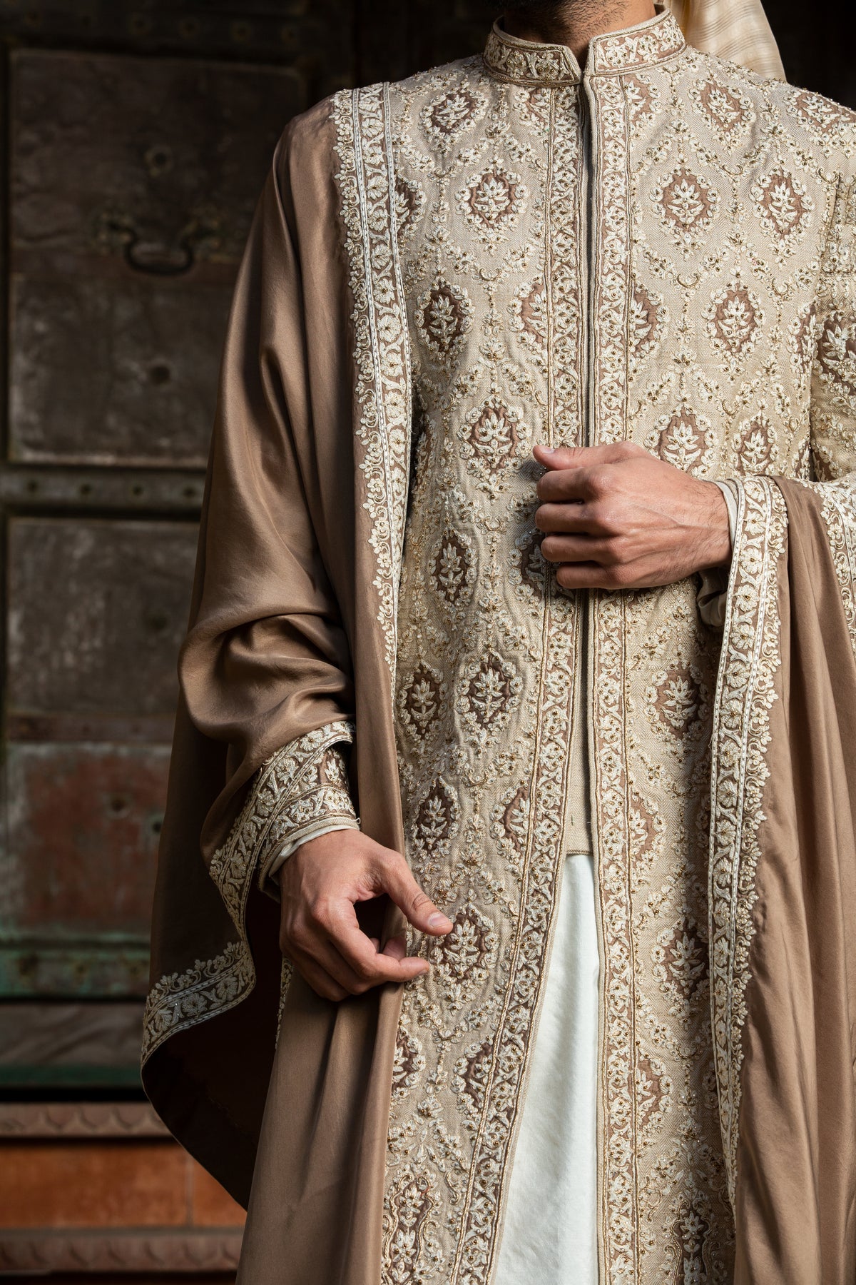 BEIGE BROWN RAW SILK PATCHWORK EMBROIDERED ACHKAN WITH MONGA KURTA AND CHURIDAR