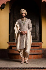 COFFEE RAW SILK ACHKAN WITH BELT AND MONGA + CHURIDAR