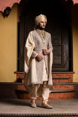 COFFEE RAW SILK ACHKAN WITH BELT AND MONGA + CHURIDAR