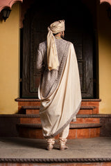 COFFEE RAW SILK ACHKAN WITH BELT AND MONGA + CHURIDAR