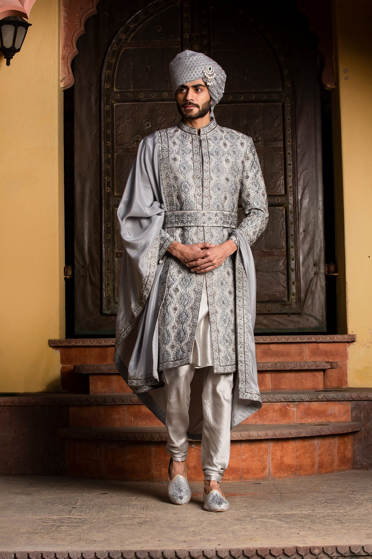 GREY DUPION SILK APPLIQUE EMBROIDERED ACHKAN AND BELT WITH MONGA KURTA AND CHURIDAR