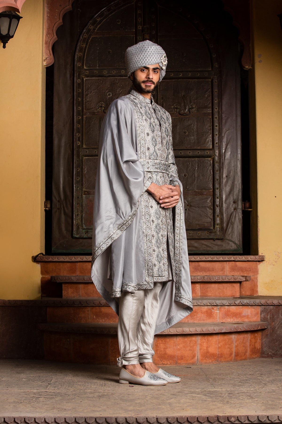 GREY DUPION SILK APPLIQUE EMBROIDERED ACHKAN AND BELT WITH MONGA KURTA AND CHURIDAR