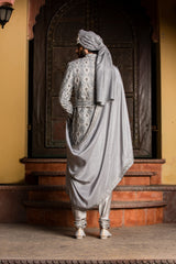 GREY DUPION SILK APPLIQUE EMBROIDERED ACHKAN AND BELT WITH MONGA KURTA AND CHURIDAR