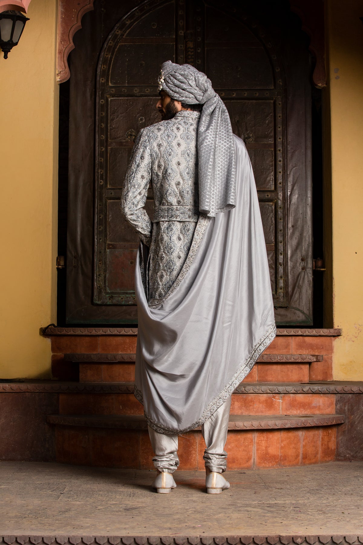 GREY DUPION SILK APPLIQUE EMBROIDERED ACHKAN AND BELT WITH MONGA KURTA AND CHURIDAR