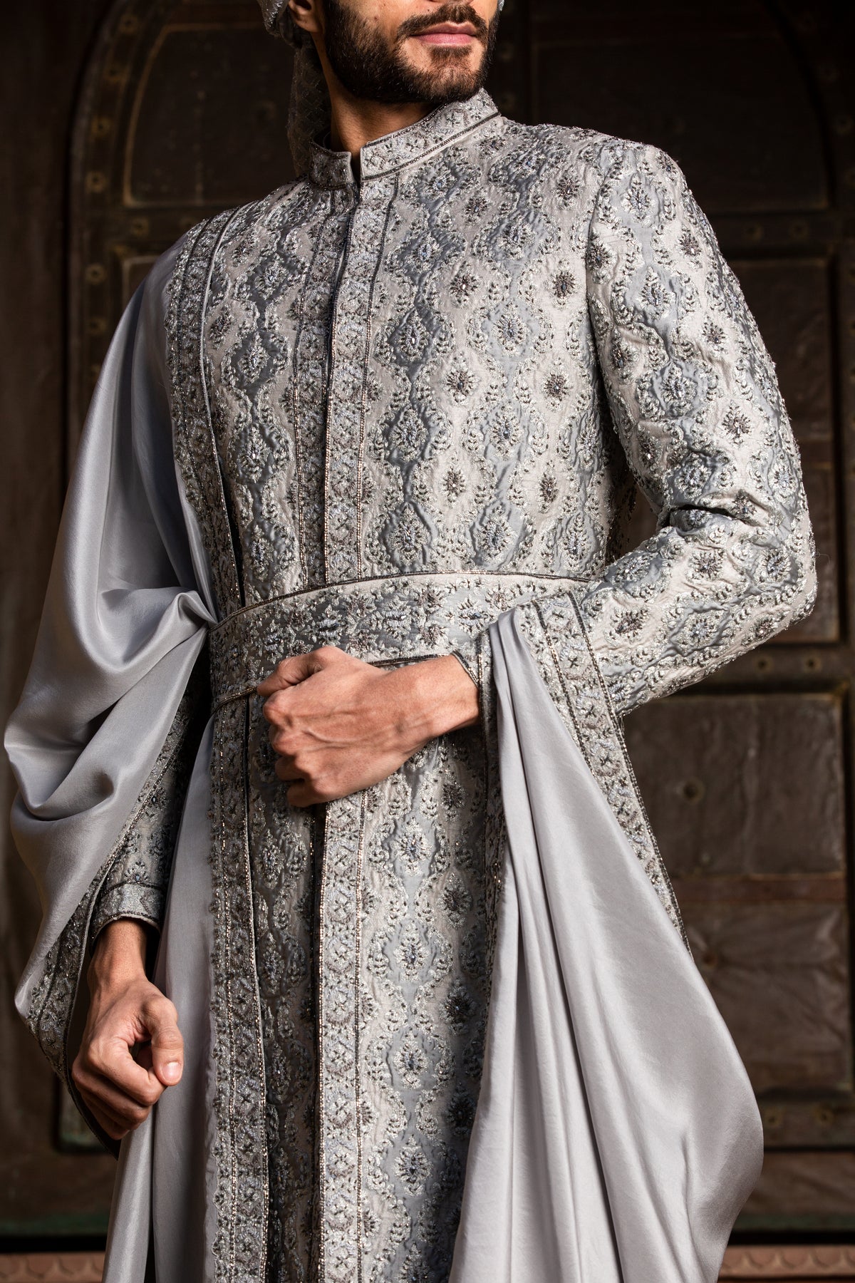GREY DUPION SILK APPLIQUE EMBROIDERED ACHKAN AND BELT WITH MONGA KURTA AND CHURIDAR