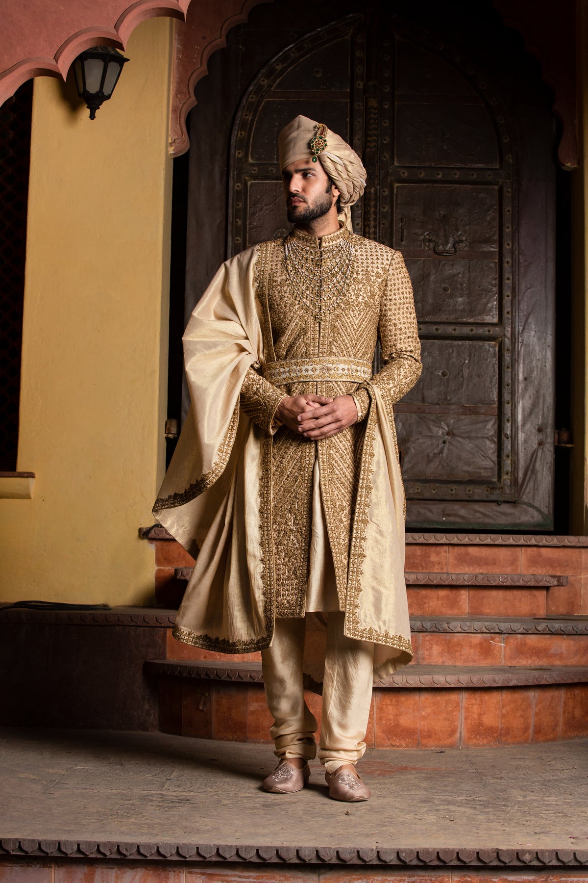 GOLD RAW SILK ANTIQUE EMBROIDERED ACHKAN WITH BELT AND KURTA + CHURIDAR