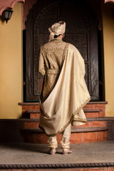 GOLD RAW SILK ANTIQUE EMBROIDERED ACHKAN WITH BELT AND KURTA + CHURIDAR