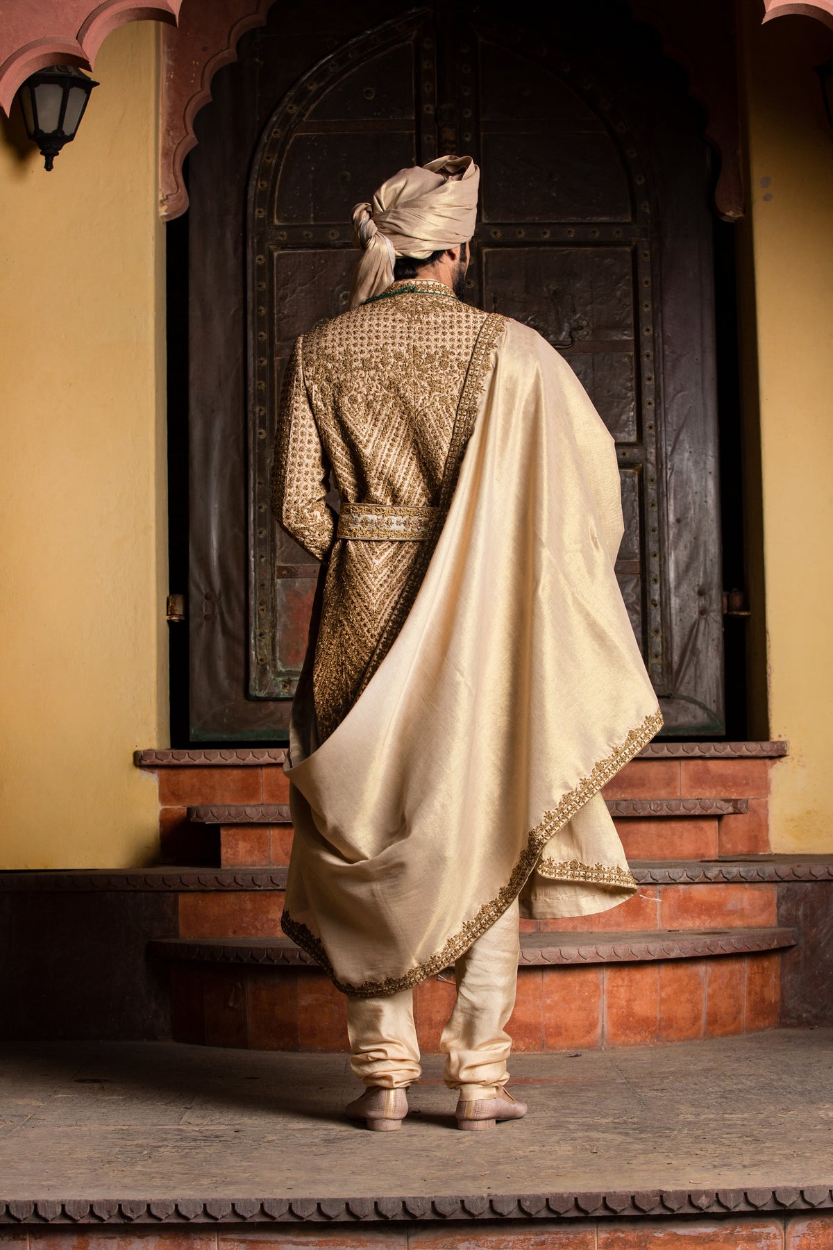 GOLD RAW SILK ANTIQUE EMBROIDERED ACHKAN WITH BELT AND KURTA + CHURIDAR