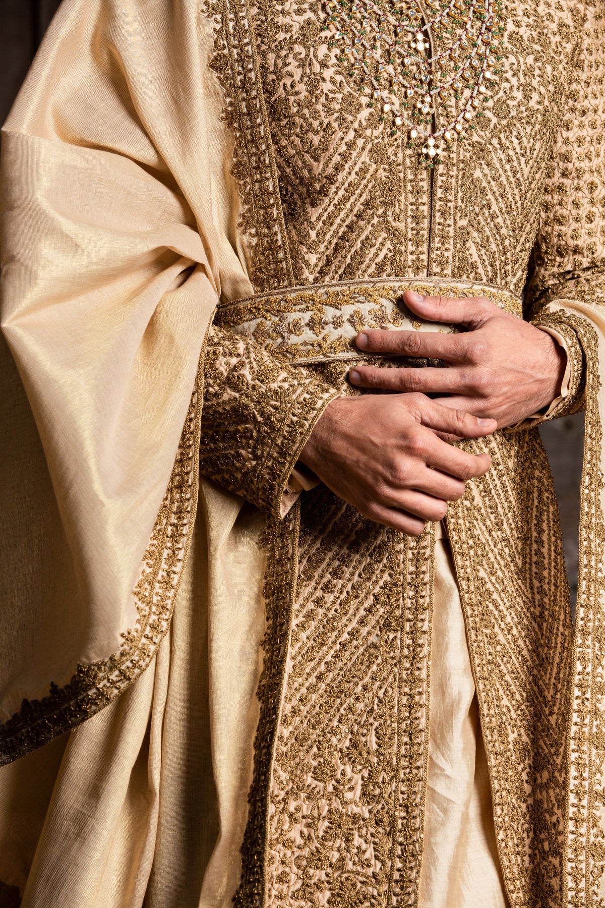 GOLD RAW SILK ANTIQUE EMBROIDERED ACHKAN WITH BELT AND KURTA + CHURIDAR