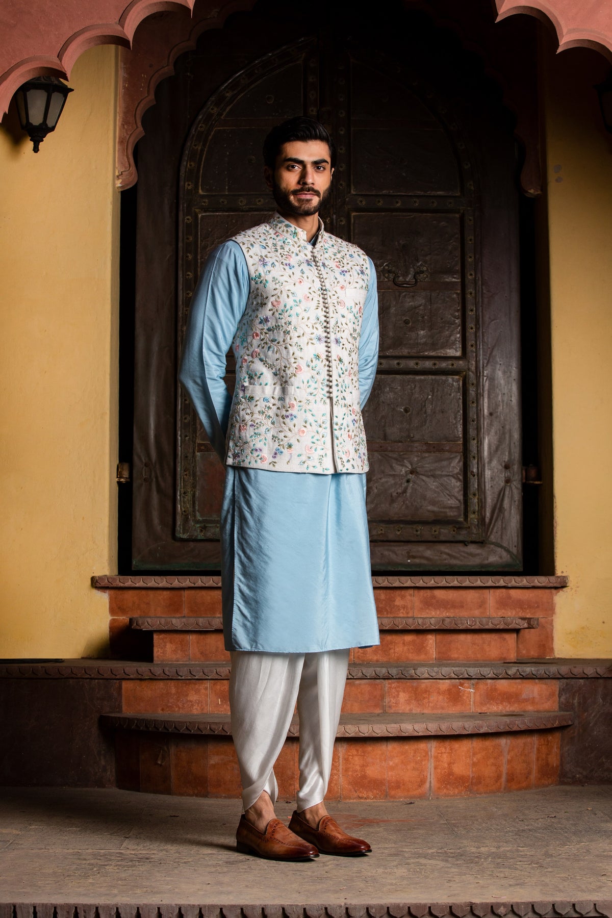 IVORY FLORAL MATKA JACKET WITH POWDER BLUE KURTA AND IVORY DHOTI