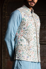 IVORY FLORAL MATKA JACKET WITH POWDER BLUE KURTA AND IVORY DHOTI