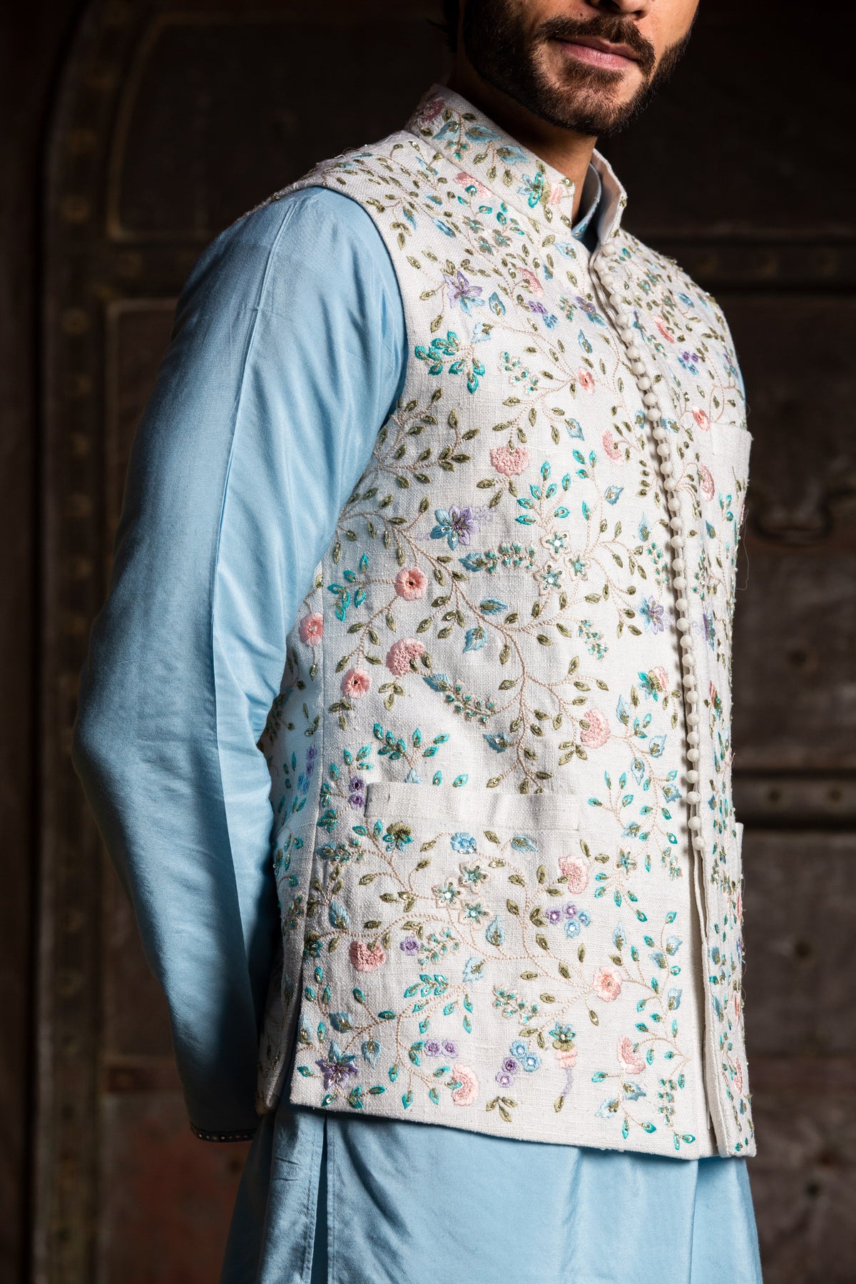 IVORY FLORAL MATKA JACKET WITH POWDER BLUE KURTA AND IVORY DHOTI