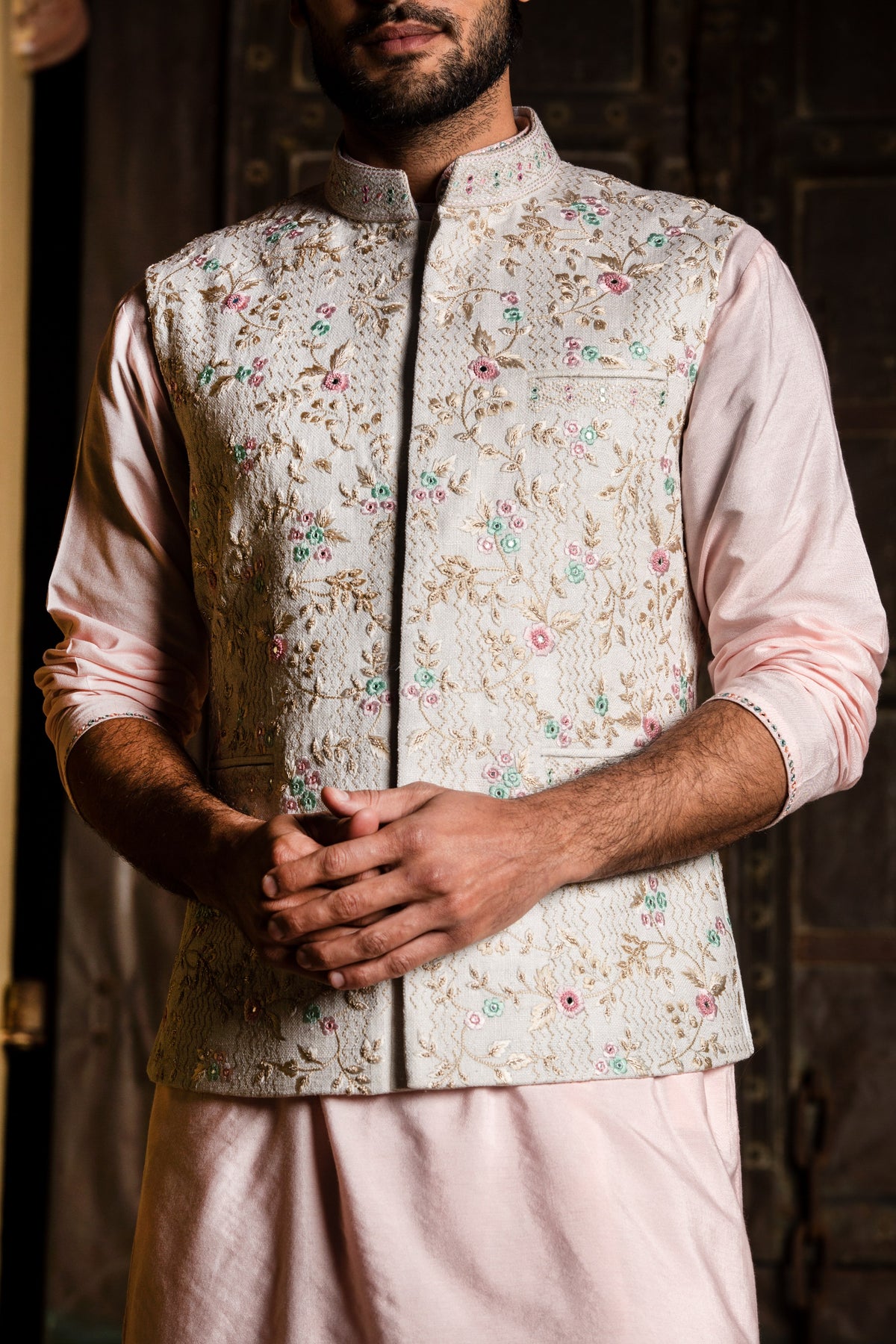 CREAM MATKA EMBROIDERED JACKET WITH BLUSH PINK KURTA AND CHURIDAR
