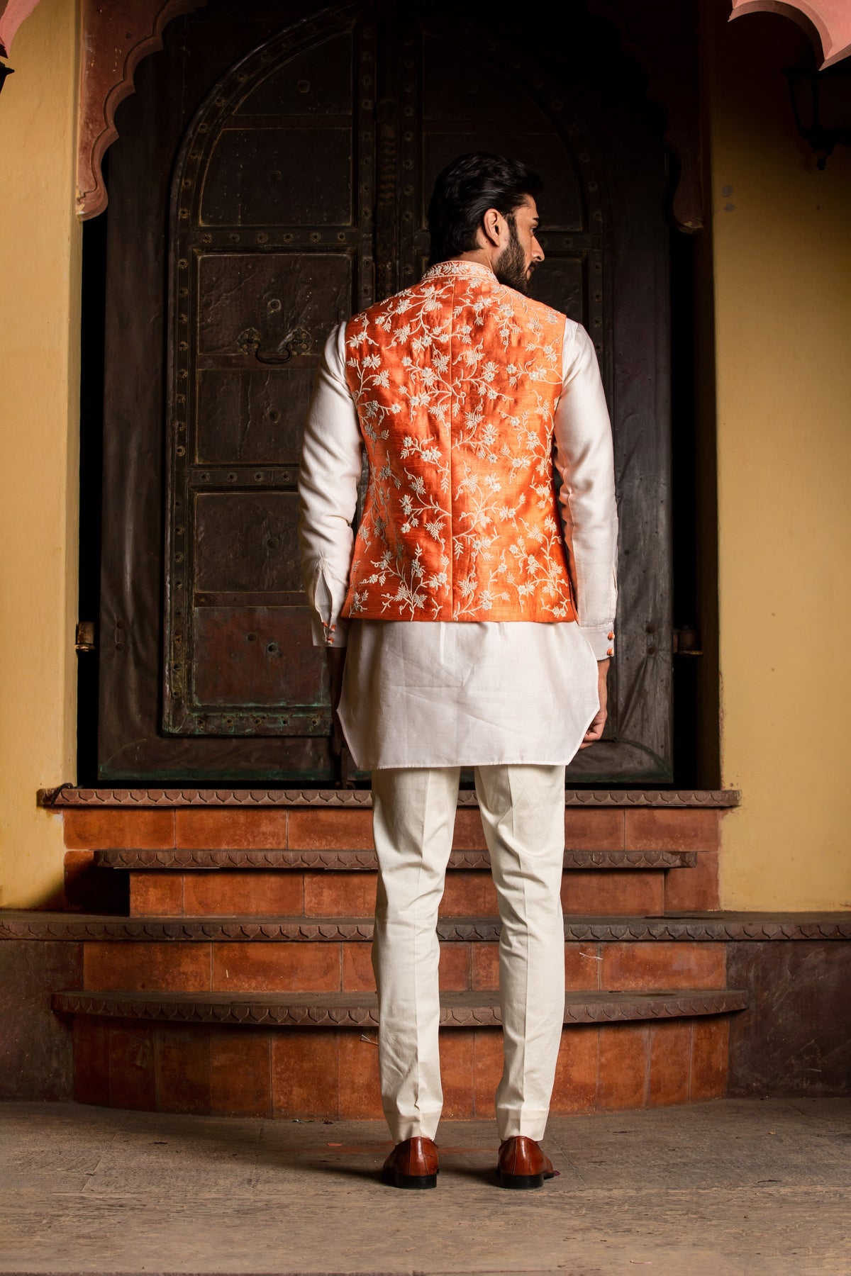 ORANGE RAW SILK EMBROIDERED NEHRU JACKET WITH KURTA AND PANT