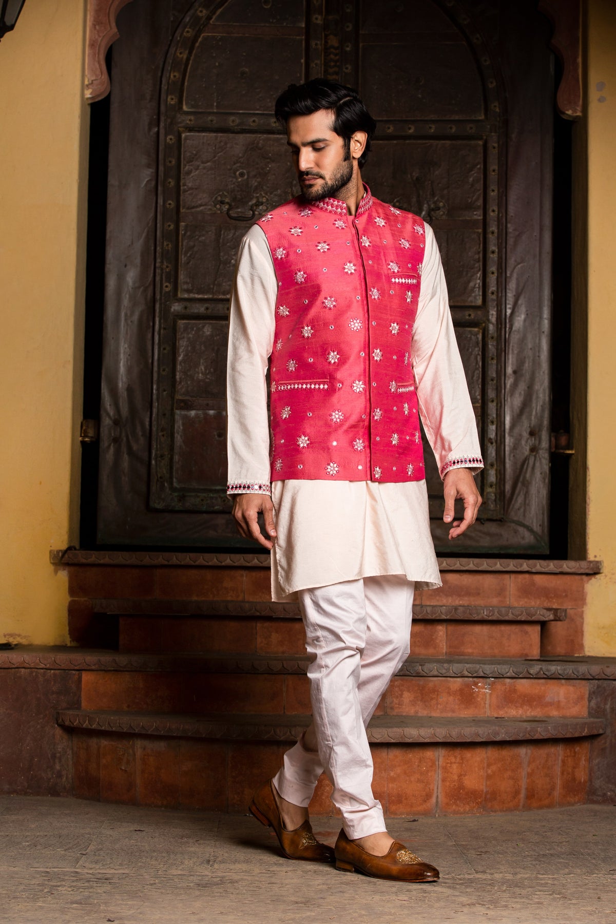 BLUSH KURTA TROUSER WITH CORAL EMBROIDERED RAW SILK JACKET