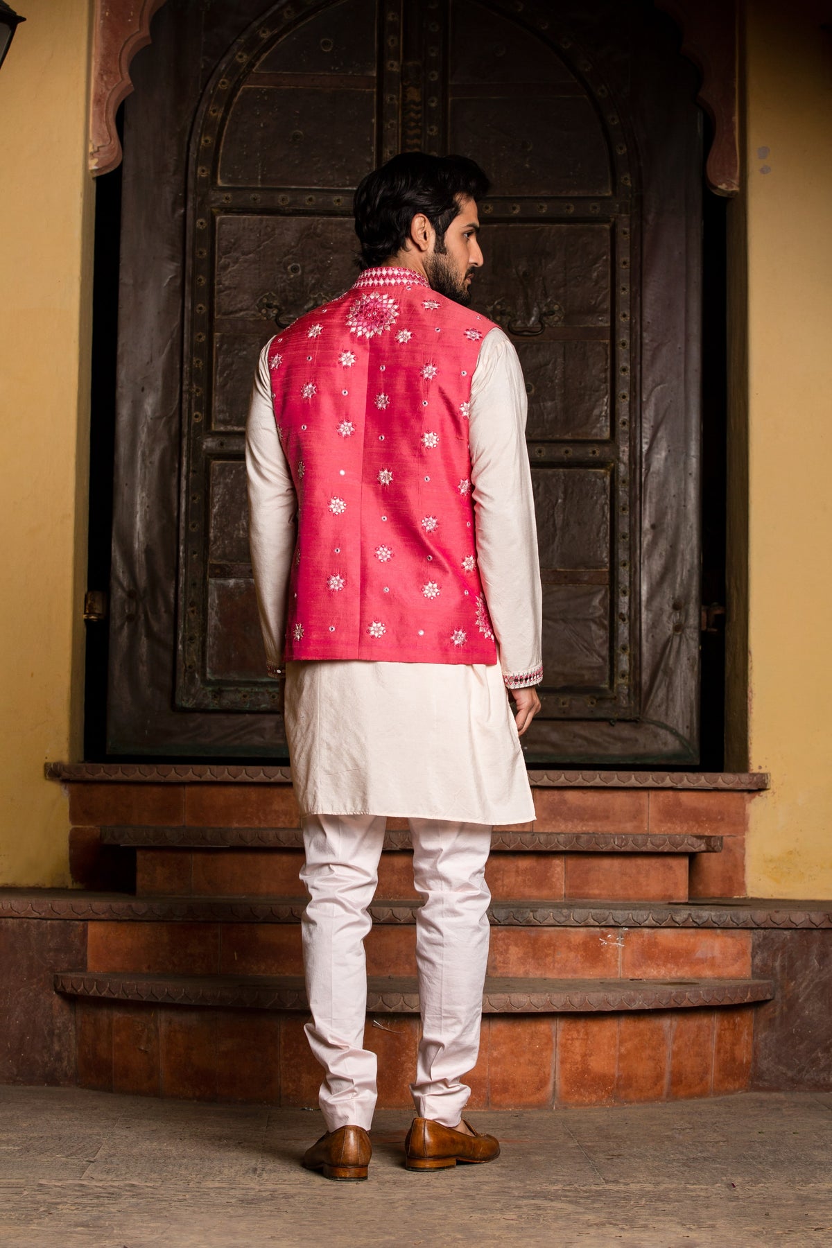 BLUSH KURTA TROUSER WITH CORAL EMBROIDERED RAW SILK JACKET