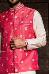 BLUSH KURTA TROUSER WITH CORAL EMBROIDERED RAW SILK JACKET