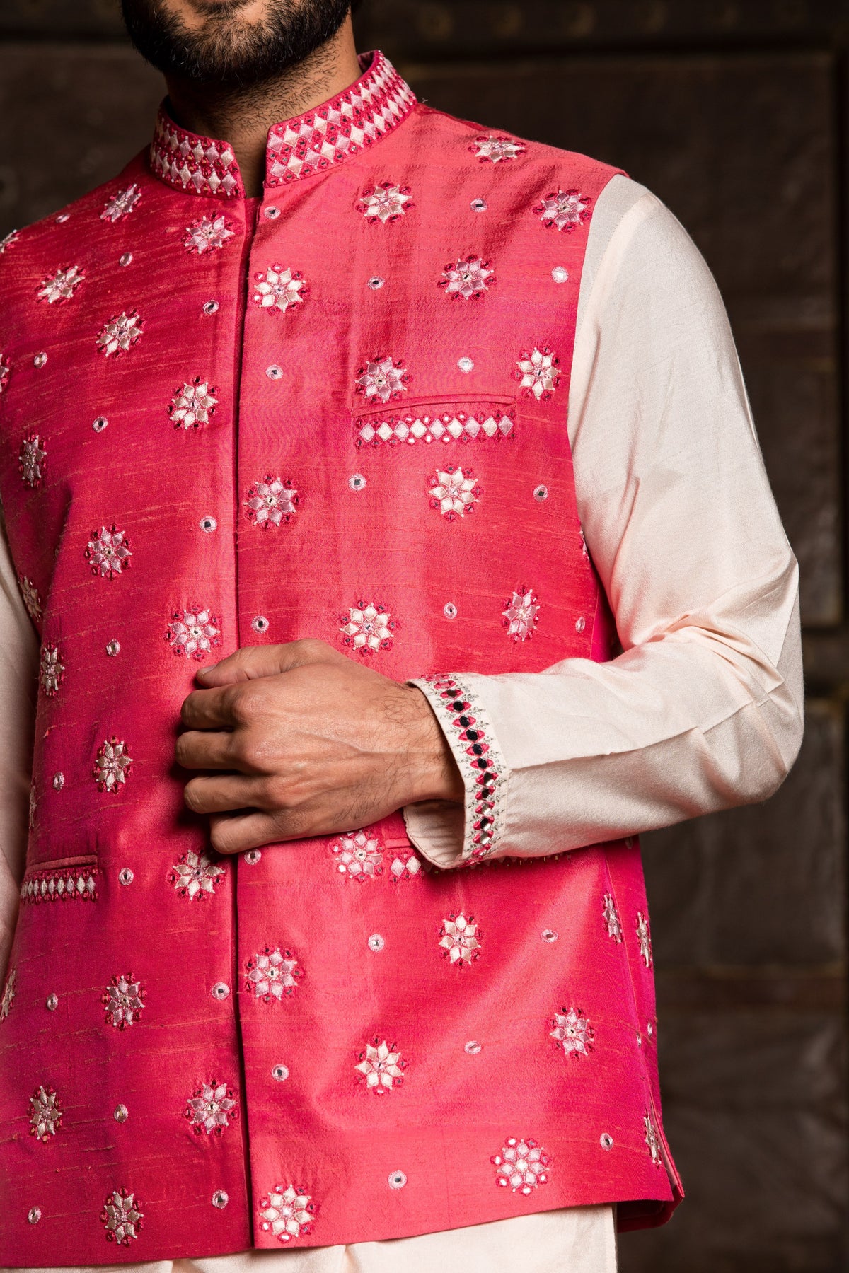 BLUSH KURTA TROUSER WITH CORAL EMBROIDERED RAW SILK JACKET