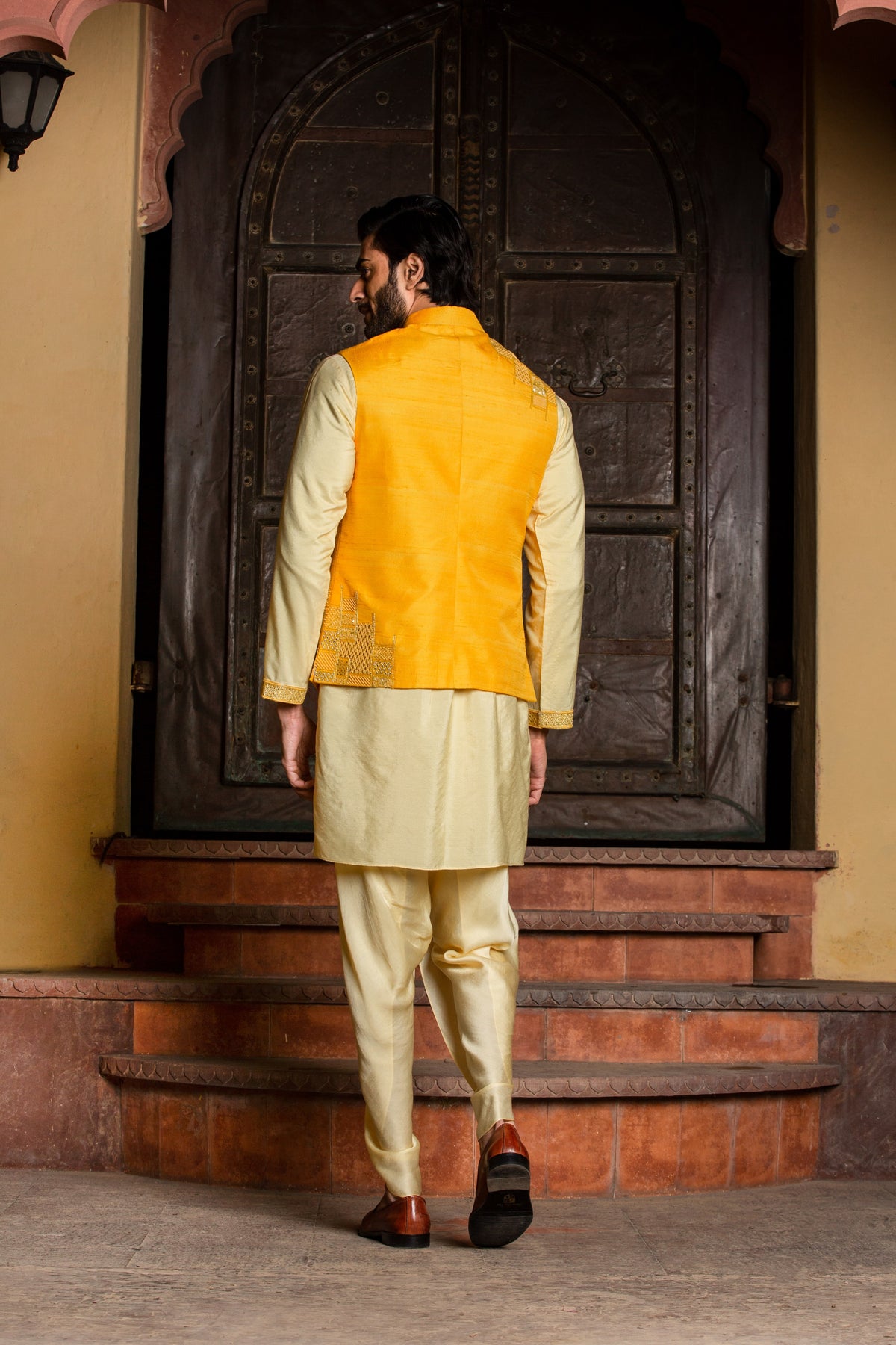 LEMON KURTA DHOTI SET WITH YELLOW RAW SILK EMBROIDERED JACKET