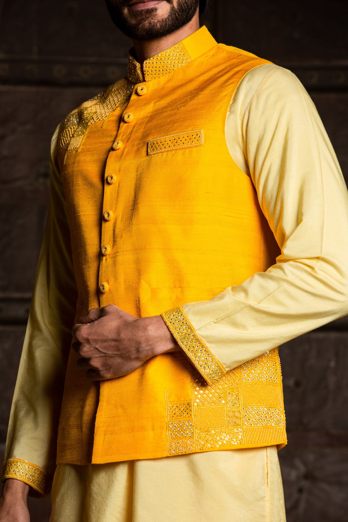 LEMON KURTA DHOTI SET WITH YELLOW RAW SILK EMBROIDERED JACKET