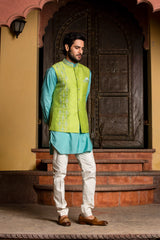 TURQ  KURTA WITH LIME RAW SILK JACKET AND  PANT