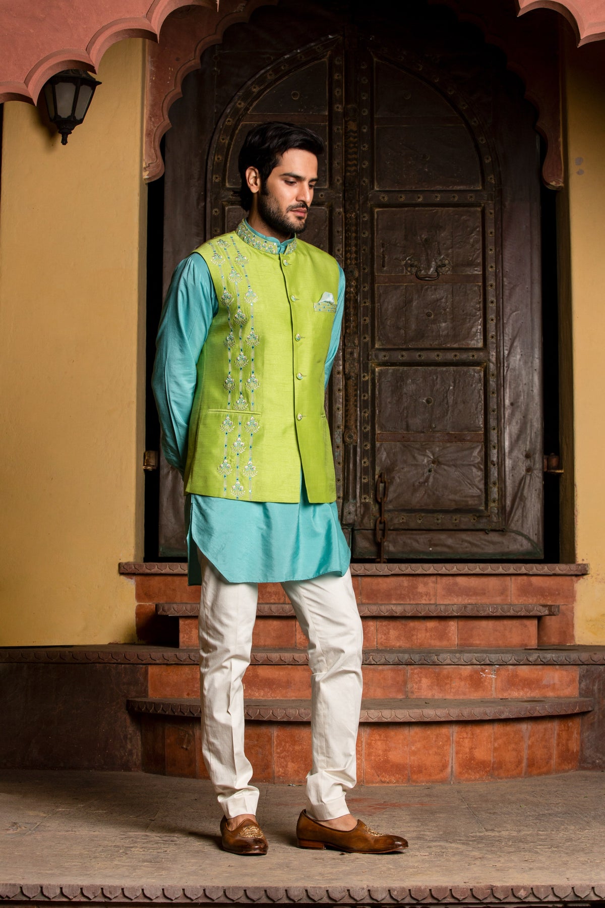 TURQ  KURTA WITH LIME RAW SILK JACKET AND  PANT