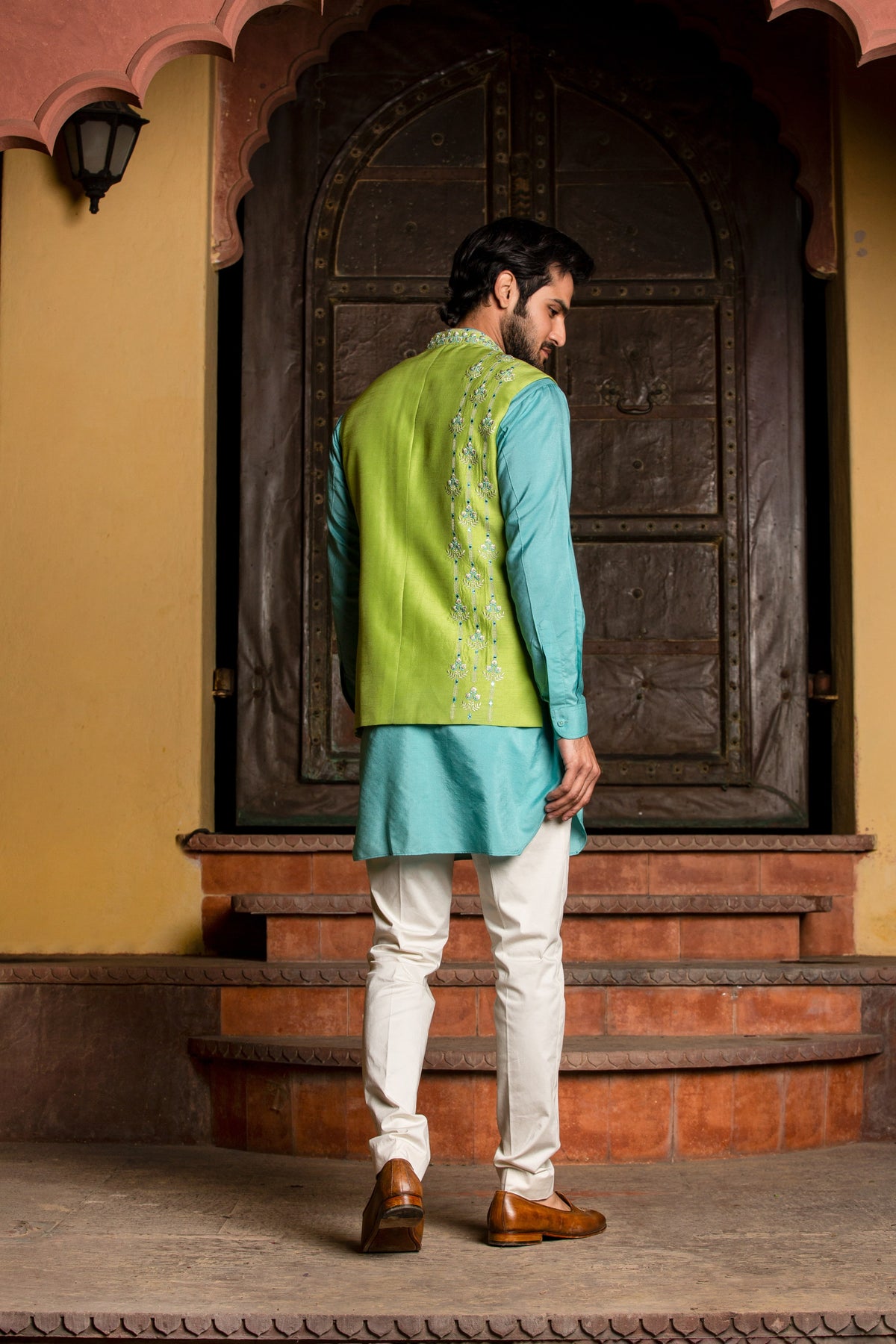 TURQ  KURTA WITH LIME RAW SILK JACKET AND  PANT
