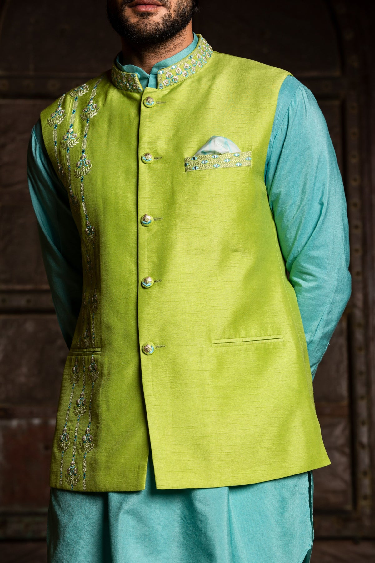 TURQ  KURTA WITH LIME RAW SILK JACKET AND  PANT