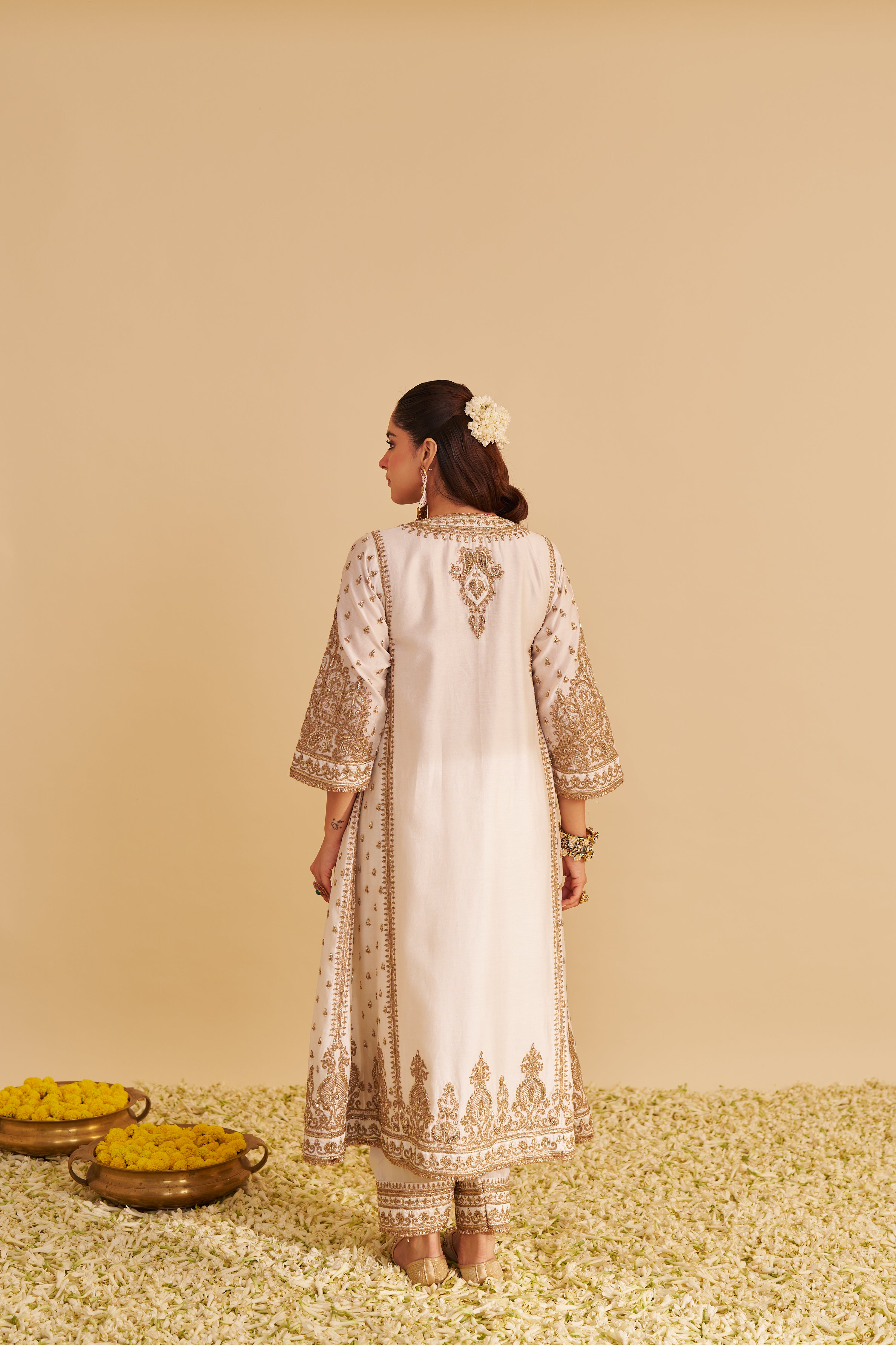 Zoya - Dabka Zardozi Embroidered Rich Banarasi Kalidaar Daisy Ivory Long Chauga Set