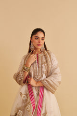 Zoya - Dabka Zardozi Embroidered Rich Banarasi Kalidaar Daisy Ivory Long Chauga Set