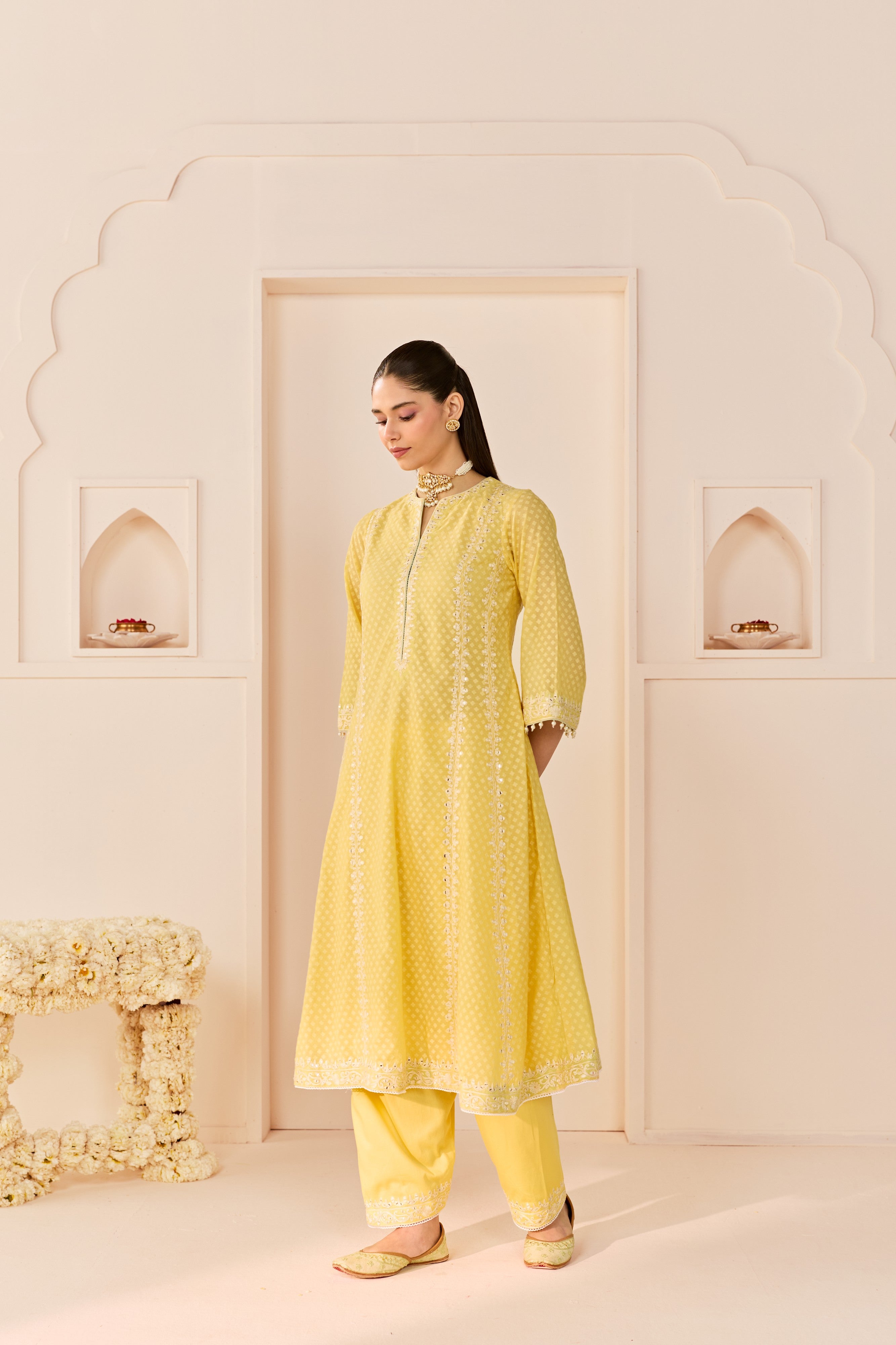 FIRDAUS -LEMON YELLOW LONG KALIDAAR CHAUGA WITH DOGRI SALWAR AND DUPATTA
