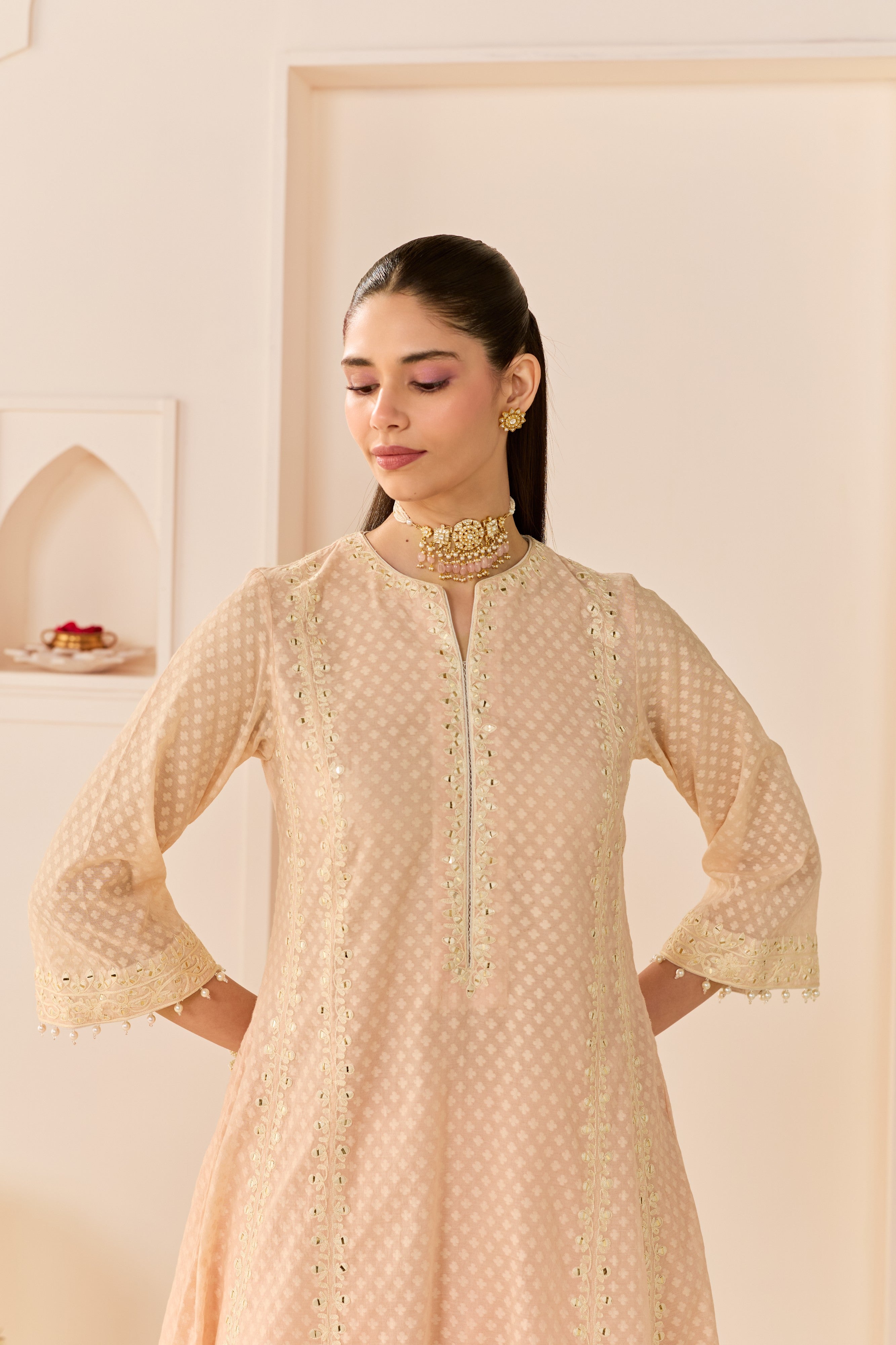 FIRDAUS - CARNATION PINK LONG KALIDAAR CHAUGA WITH DOGRI SALWAR AND DUPATTA