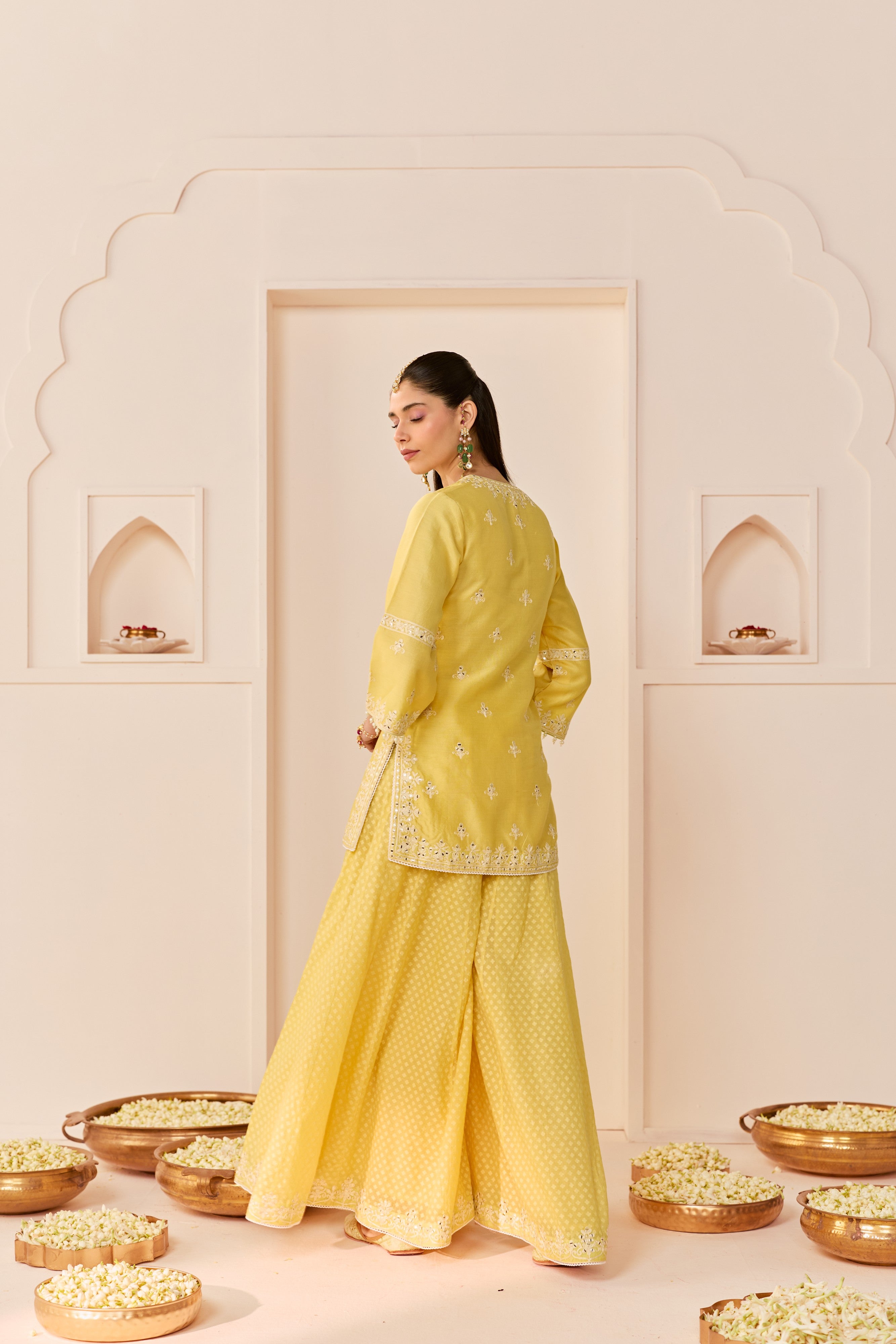 REHMA - LEMON YELLOW SHORT KURTA WITH SHARARA AND DUPATTA