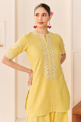 ANAISHA - LEMON YELLOW SHORT KURTA WITH FARSHI SALWAR AND DUPATTA