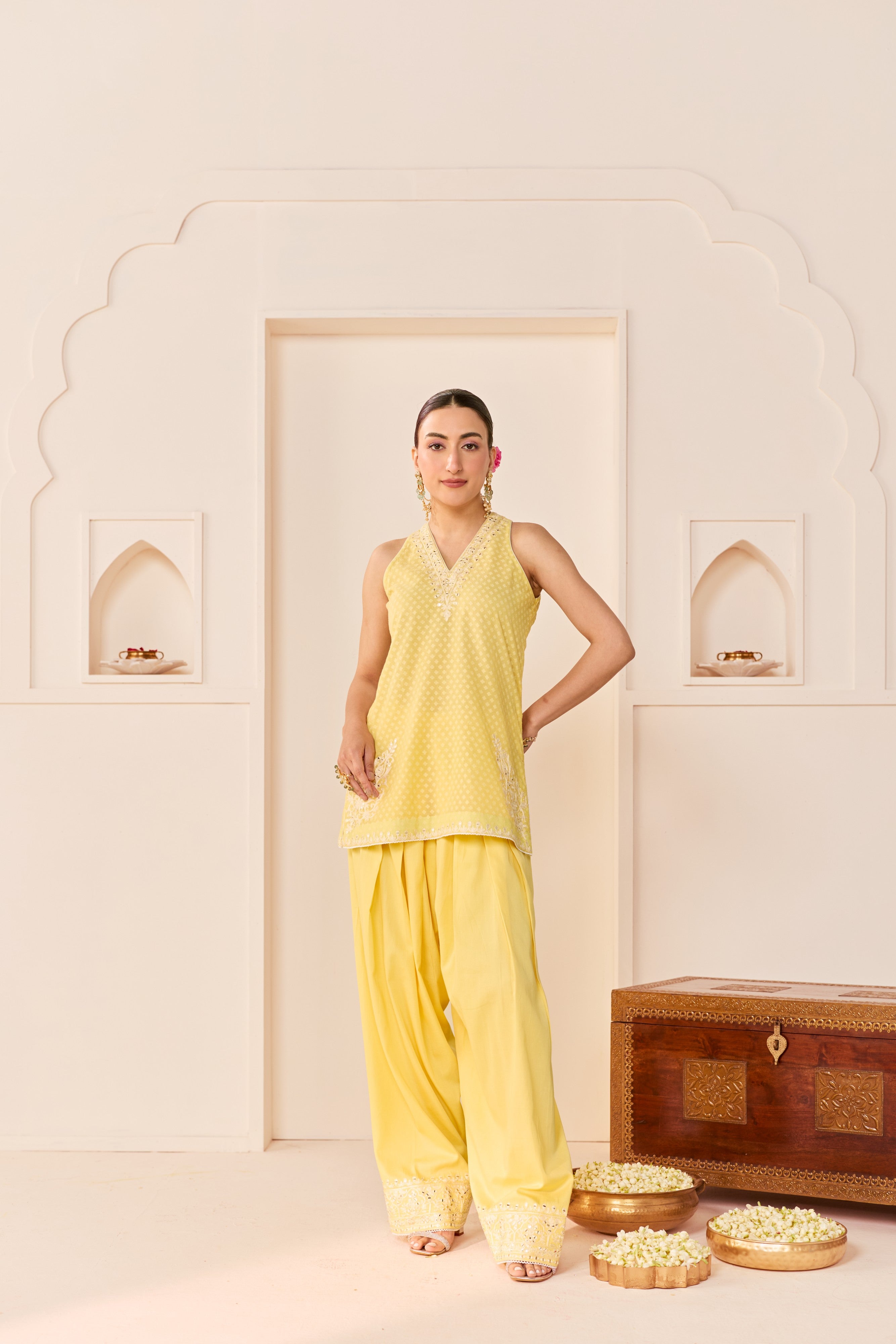 MIRAL - LEMON YELLOW SHORT KURTA WITH FARSI SALWAR AND DUPATTA